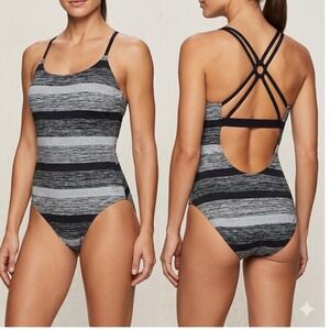 RBX Womens One Piece Swimsuit Large Black Grey Striped Strappy Cross Back Swim